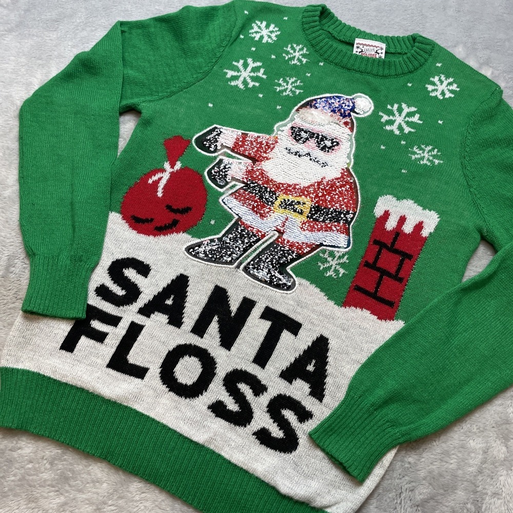 Womens Ugly Christmas Sweater Santa Floss Size M Flip Sequin Beach Santa Holiday